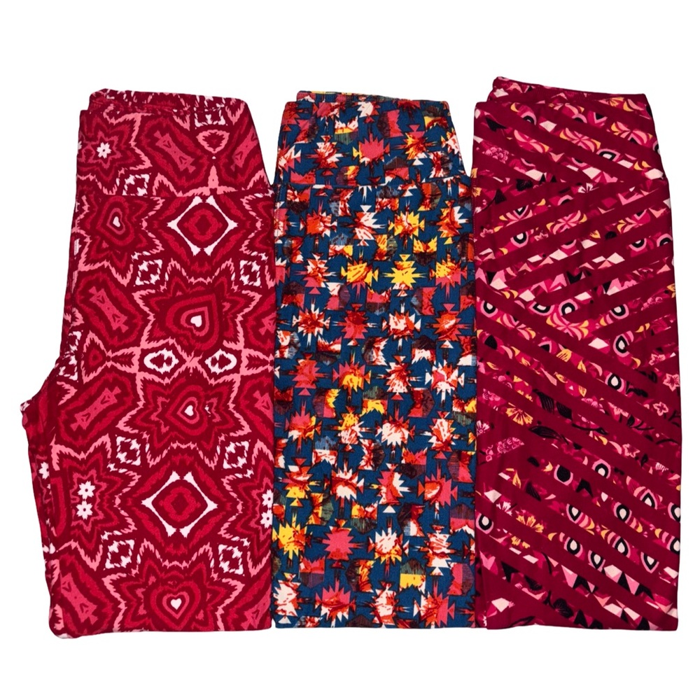 Lot of 3 LuLaRoe Leggings Size OS Red Hearts Pink White Blue Geometric Black